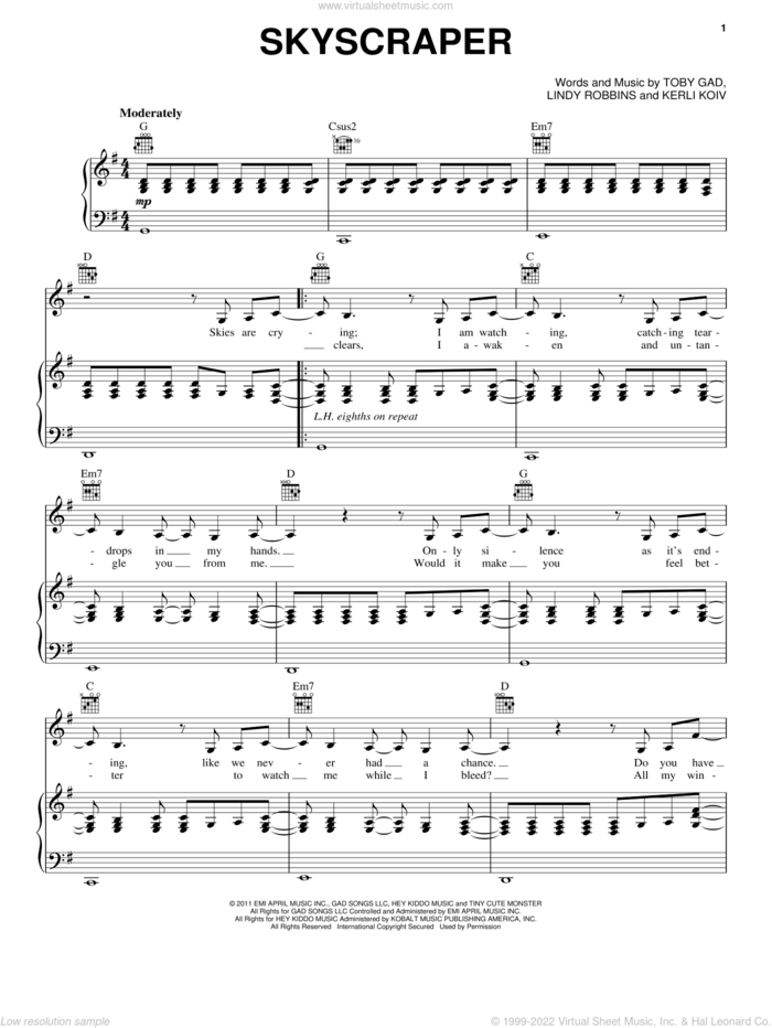 Skyscraper sheet music for voice, piano or guitar by Demi Lovato, Kerli Koiv, Lindy Robbins and Toby Gad, intermediate skill level