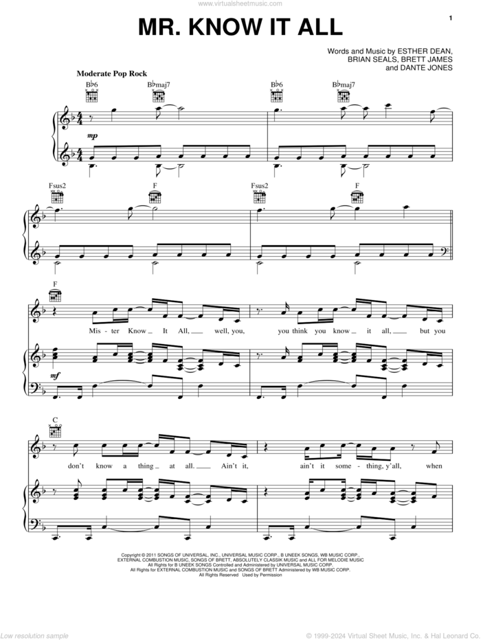 Mr. Know It All sheet music for voice, piano or guitar by Kelly Clarkson, Brett James, Brian Seals, Dante Jones and Ester Dean, intermediate skill level