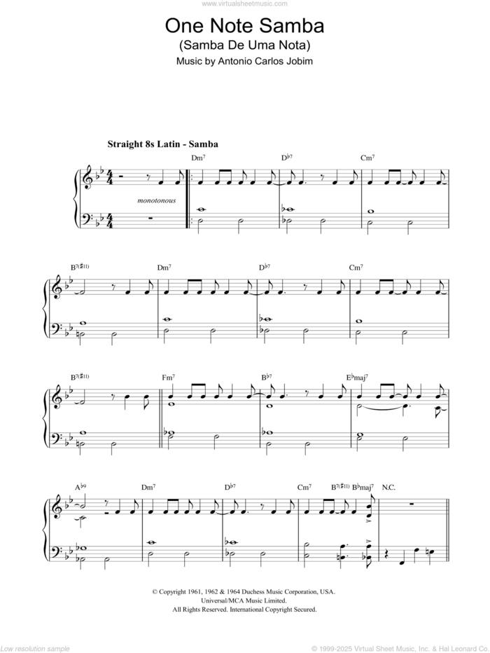 One Note Samba (Samba De Uma Nota) sheet music for voice, piano or guitar by Antonio Carlos Jobim, Jon Hendricks and Newton Mendonca, intermediate skill level