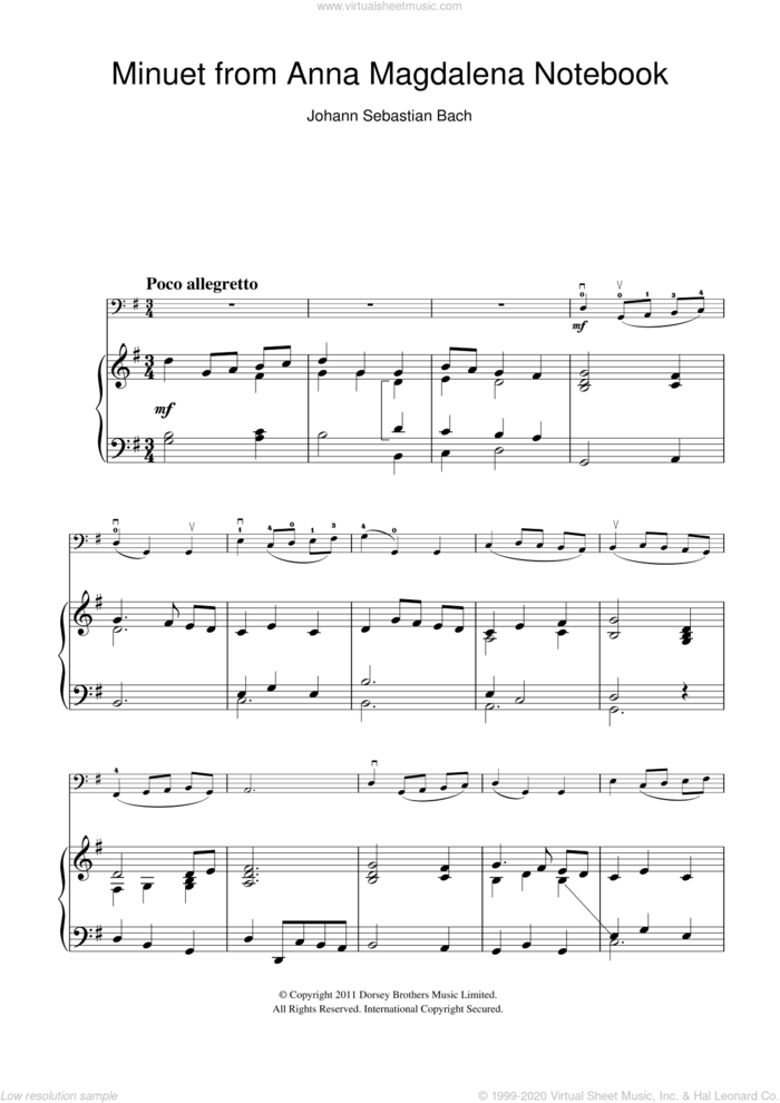 Minuet in G Major (from The Anna Magdalena Notebook) sheet music for cello solo by Johann Sebastian Bach, classical score, intermediate skill level