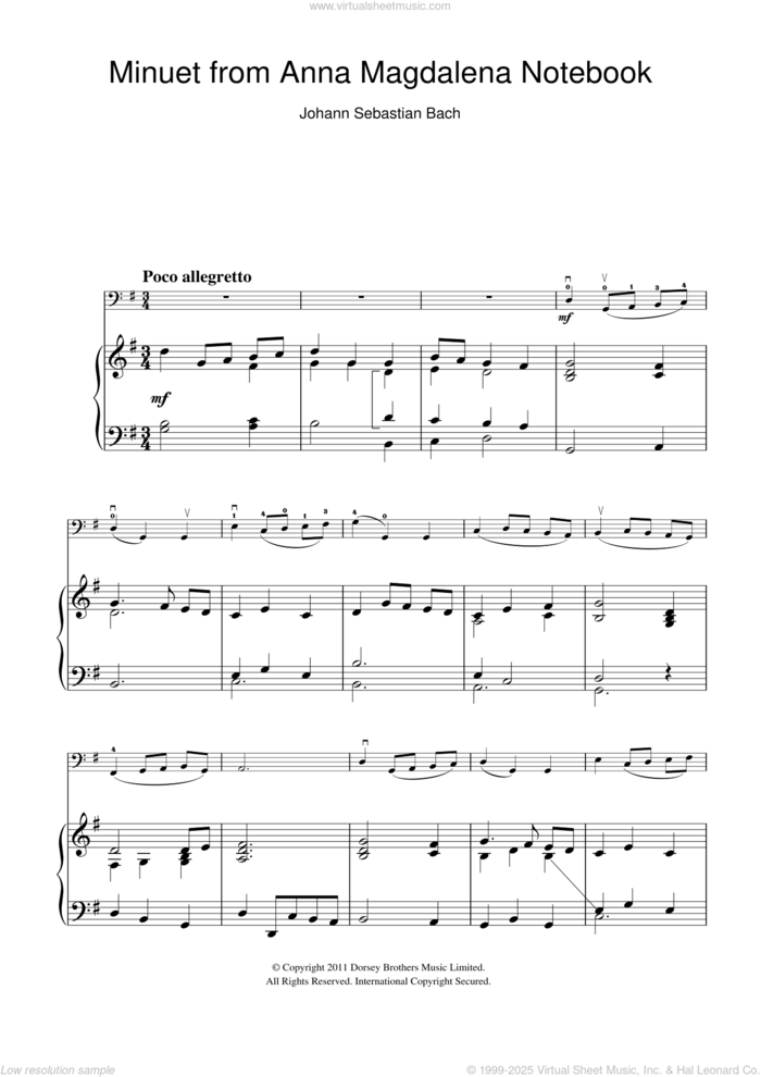 Minuet in G Major (from The Anna Magdalena Notebook) sheet music for cello solo by Johann Sebastian Bach, classical score, intermediate skill level