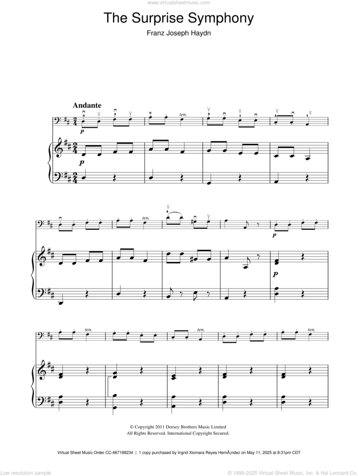 The Surprise Symphony sheet music for voice, piano or guitar by Franz Joseph Haydn, classical score, intermediate skill level