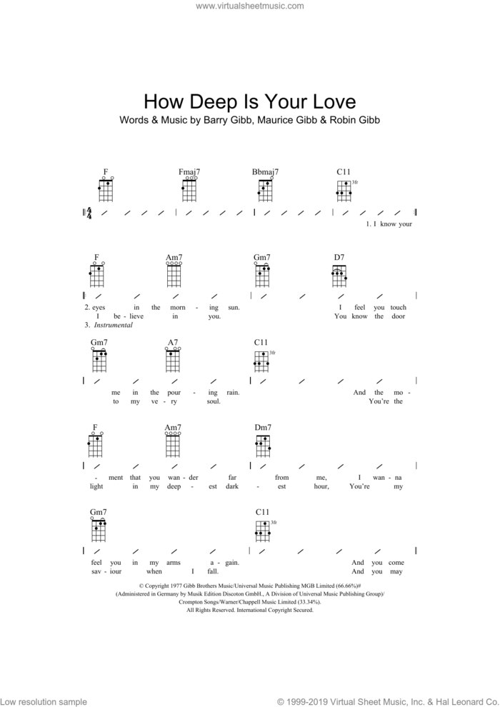 How Deep Is Your Love sheet music for ukulele (chords) by Bee Gees, Barry Gibb, Maurice Gibb and Robin Gibb, intermediate skill level