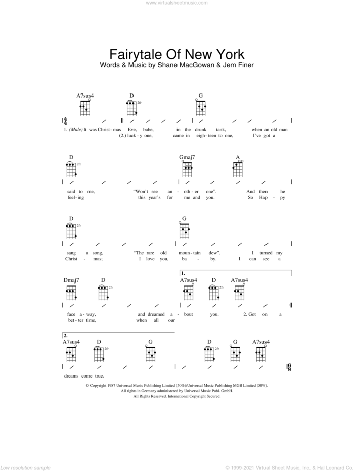 Fairytale Of New York sheet music for ukulele (chords) by Kirsty MacColl & The Pogues, Kirsty MacColl, The Pogues, The Pogues & Kirsty MacColl, Jem Finer and Shane MacGowan, intermediate skill level