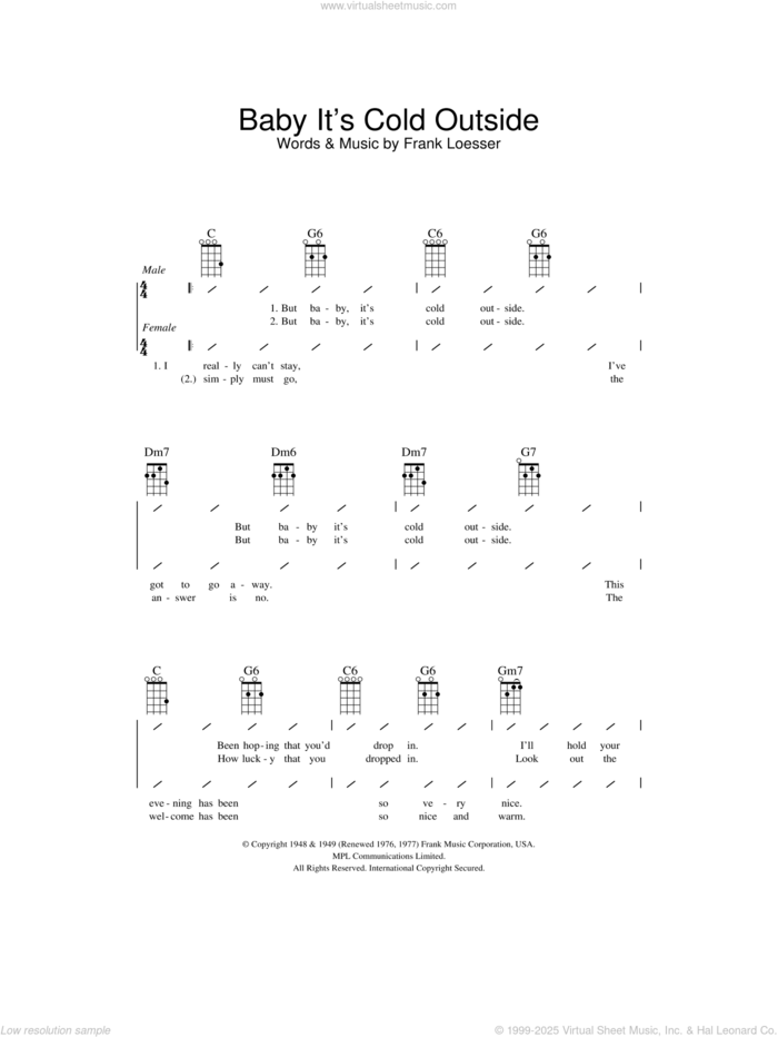 Baby, It's Cold Outside sheet music for ukulele (chords) by Frank Loesser, intermediate skill level