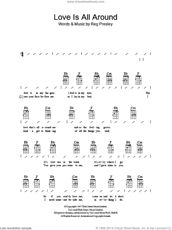 Love Is All Around sheet music for ukulele (chords) by Wet Wet Wet, The Troggs and Reg Presley, intermediate skill level