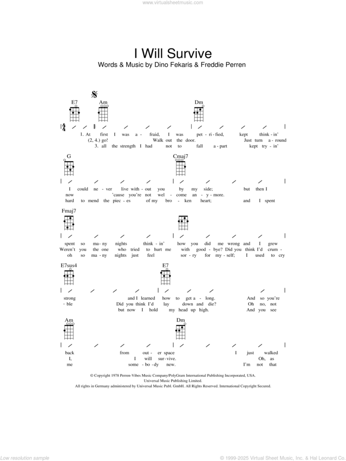 I Will Survive sheet music for ukulele (chords) by Gloria Gaynor, Dino Fekaris and Frederick Perren, intermediate skill level