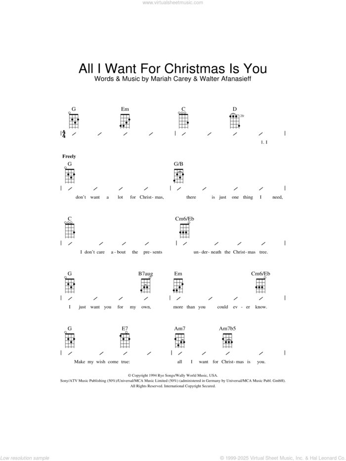 All I Want For Christmas Is You sheet music for ukulele (chords) by Mariah Carey and Walter Afanasieff, intermediate skill level