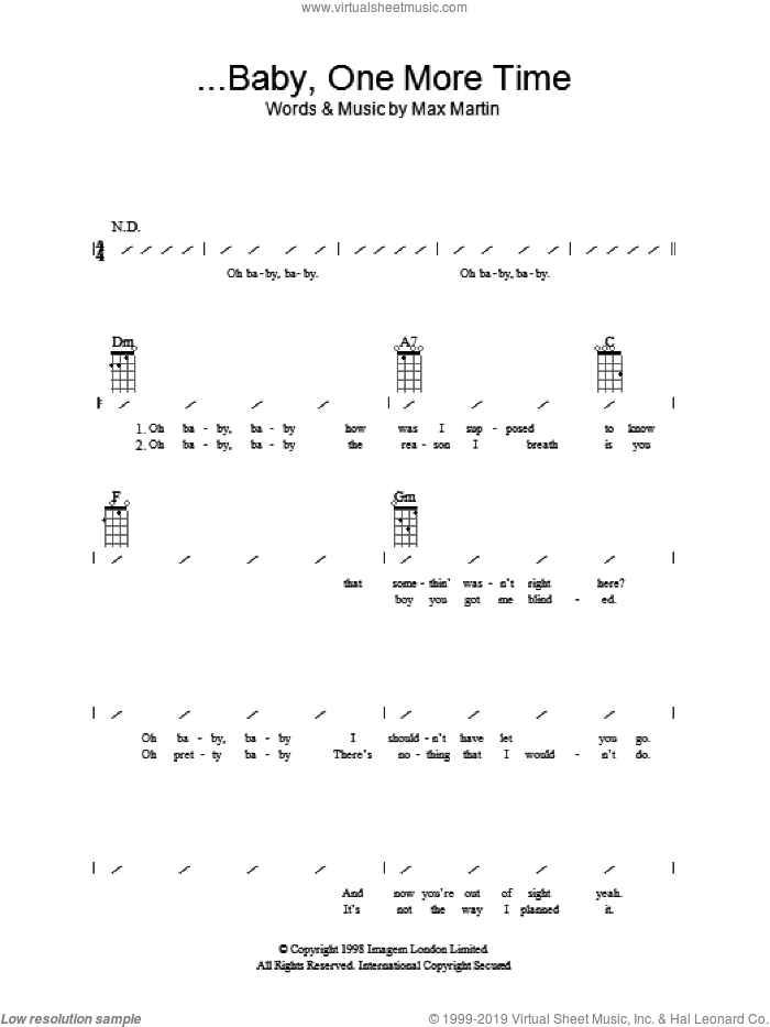...Baby One More Time sheet music for ukulele (chords) by Britney Spears and Max Martin, intermediate skill level