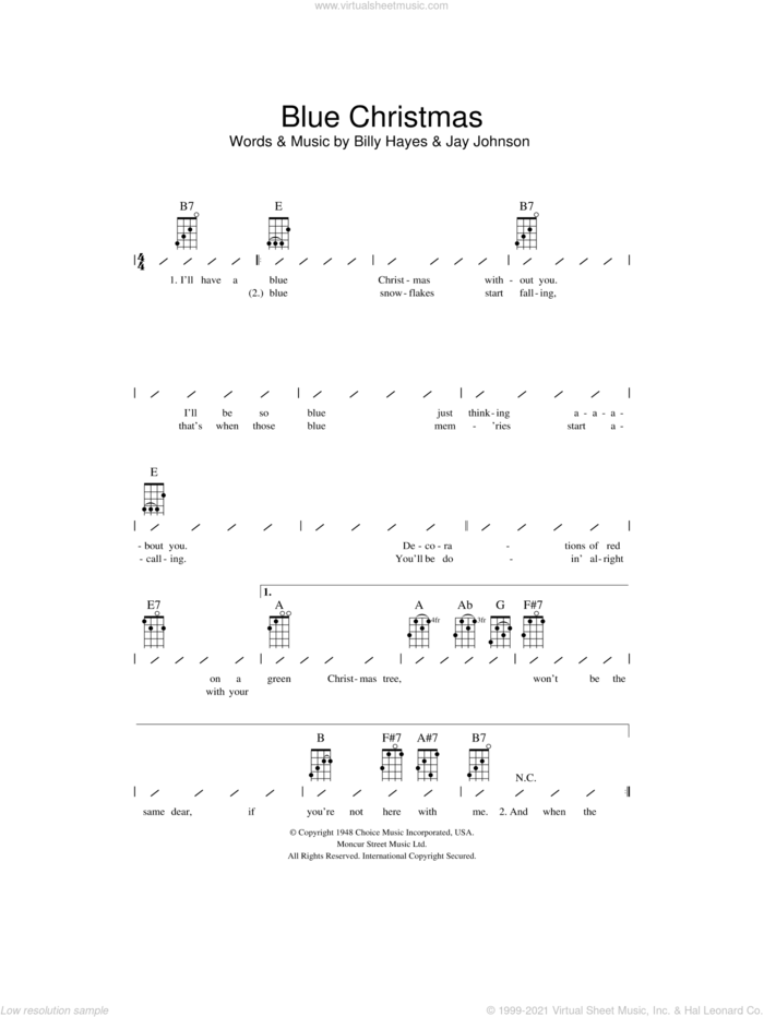 Blue Christmas sheet music for ukulele (chords) by Elvis Presley, Billy Hayes and Jay Johnson, intermediate skill level