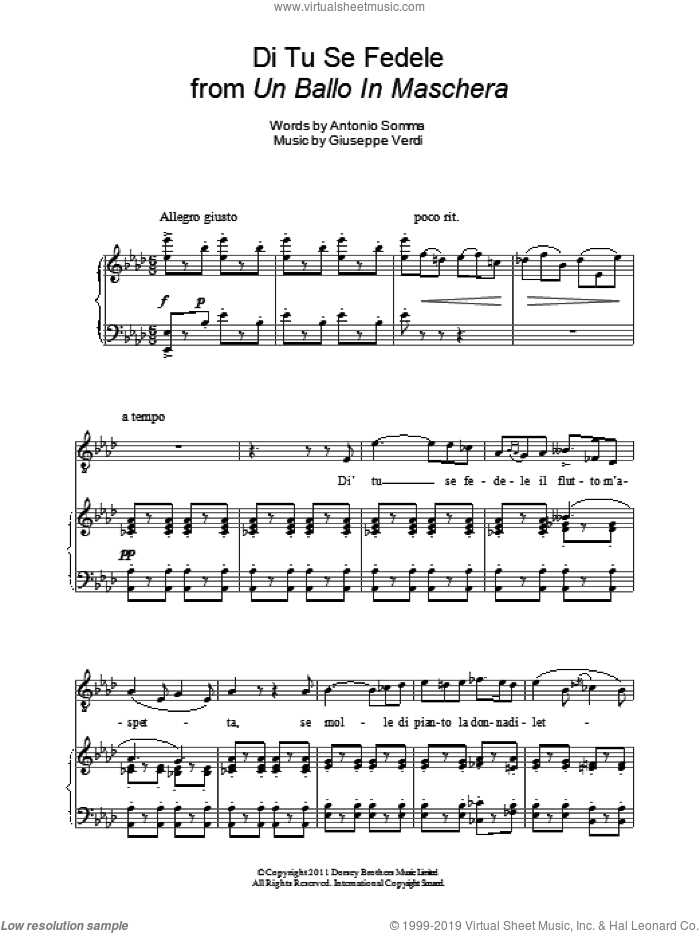 Di Tu Se Fedele sheet music for voice and piano by Andrea Bocelli, Antonio Somma and Giuseppe Verdi, classical score, intermediate skill level