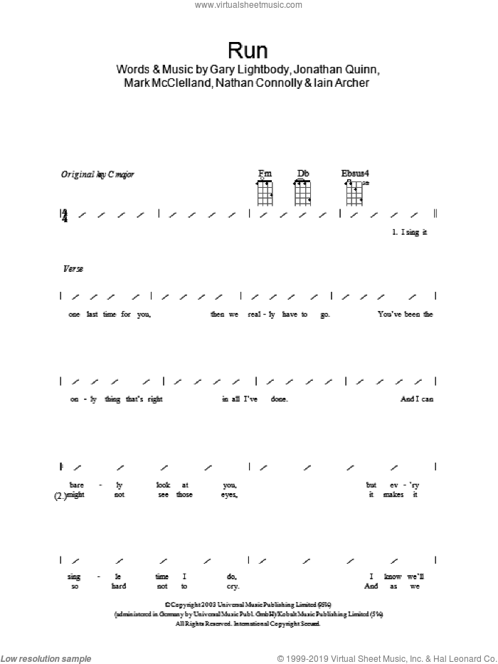 Run sheet music for ukulele (chords) by Snow Patrol, Leona Lewis, Gary Lightbody, Iain Archer, Jonathan Quinn, Mark McClelland and Nathan Connolly, intermediate skill level