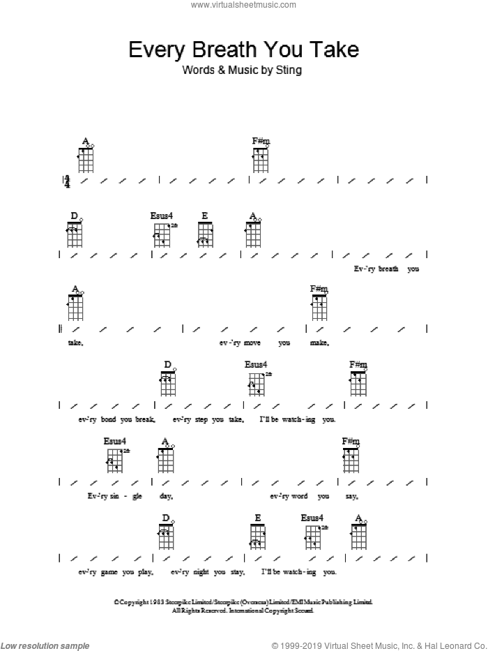Every Breath You Take sheet music for ukulele (chords) by The Police and Sting, intermediate skill level