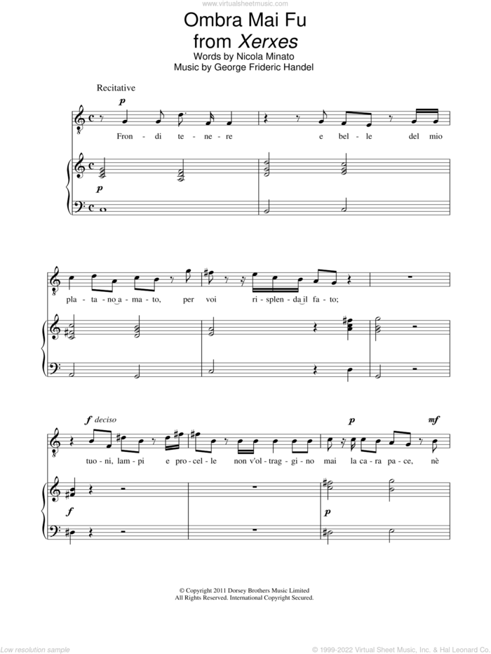 Ombra Mai Fu sheet music for voice and piano by Andrea Bocelli, George Frideric Handel and Nicola Minato, classical score, intermediate skill level
