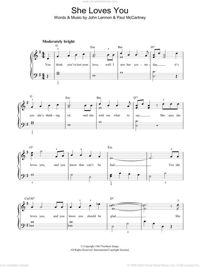 She Loves You, (easy) sheet music for piano solo by The Beatles, John Lennon and Paul McCartney, easy skill level