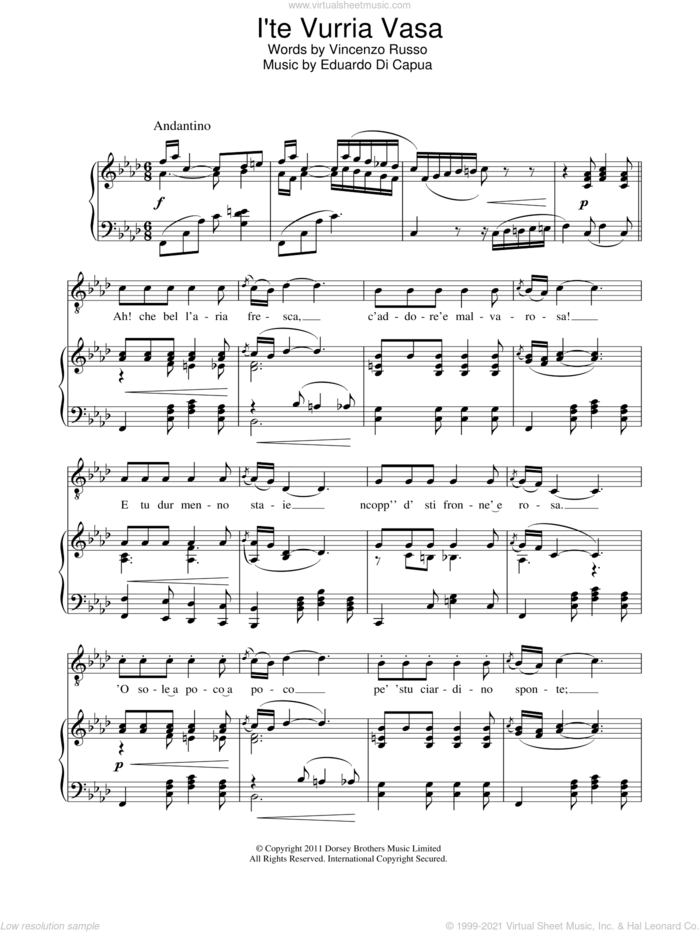 I'te Vurria Vasa sheet music for voice and piano by Andrea Bocelli, Eduardo Di Capua and Vincenzo Russo, classical score, intermediate skill level