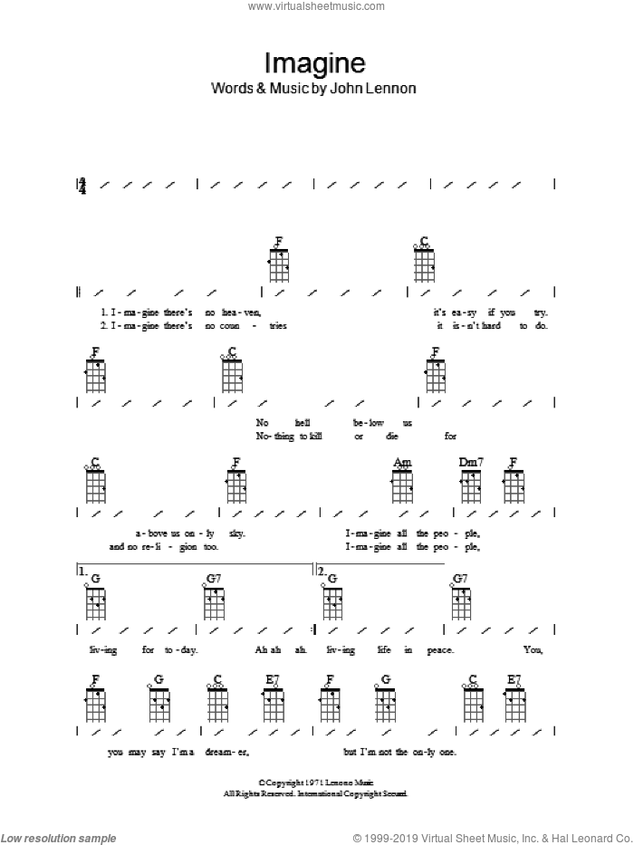 Imagine sheet music for ukulele (chords) by John Lennon, intermediate skill level
