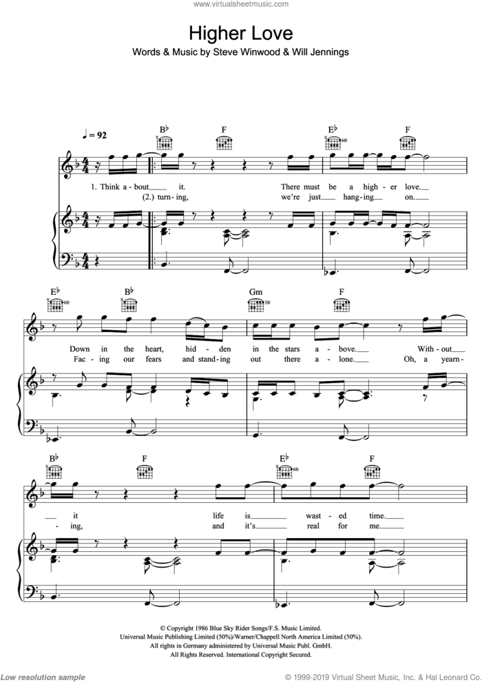 Higher Love sheet music for voice, piano or guitar by James McMorrow, Steve Winwood and Will Jennings, intermediate skill level