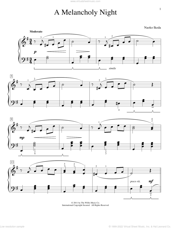 A Melancholy Night sheet music for piano solo (elementary) by Naoko Ikeda, beginner piano (elementary)
