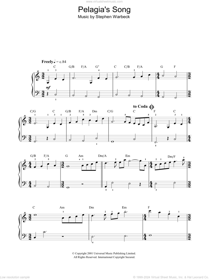 Pelagia's Song (Ricordo Ancor) (from Captain Corelli's Mandolin) sheet music for piano solo by Stephen Warbeck, easy skill level