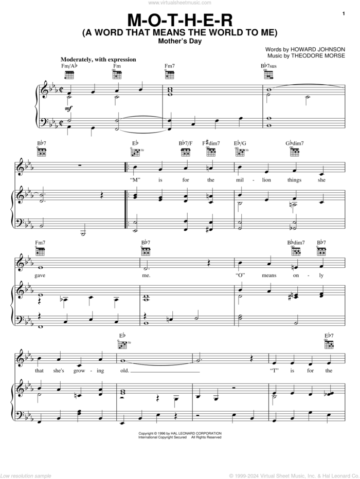 M-O-T-H-E-R (A Word That Means The World To Me) sheet music for voice, piano or guitar by Howard Johnson and Theodore F. Morse, intermediate skill level