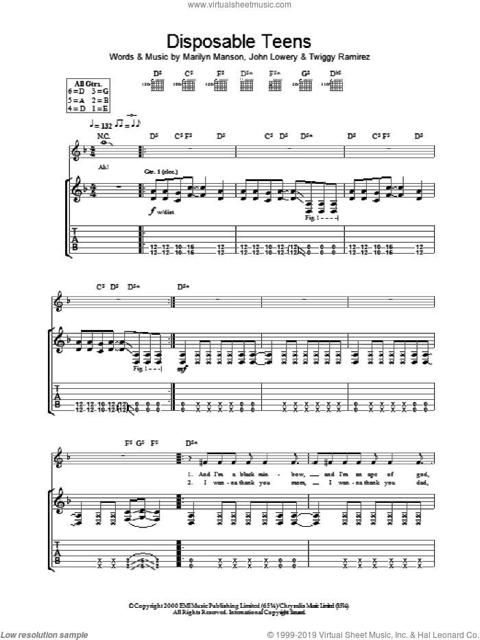 Disposable Teens sheet music for guitar (tablature) by Marilyn Manson, John Lowery and Twiggy Ramirez, intermediate skill level