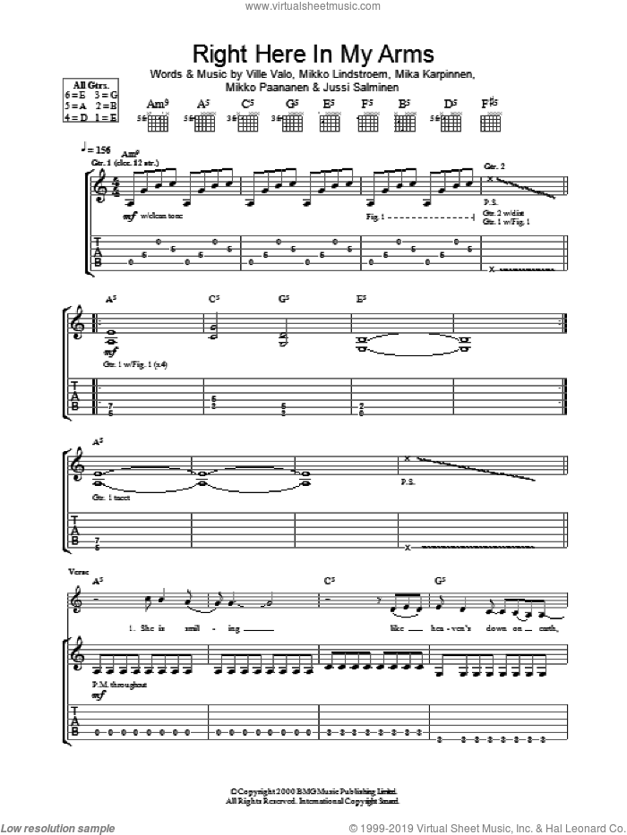 Right Here In My Arms sheet music for guitar (tablature) by HIM, Jussi Salminen, Mika Karpinnen, Mikko Lindstroem, Mikko Paananen and Ville Valo, intermediate skill level