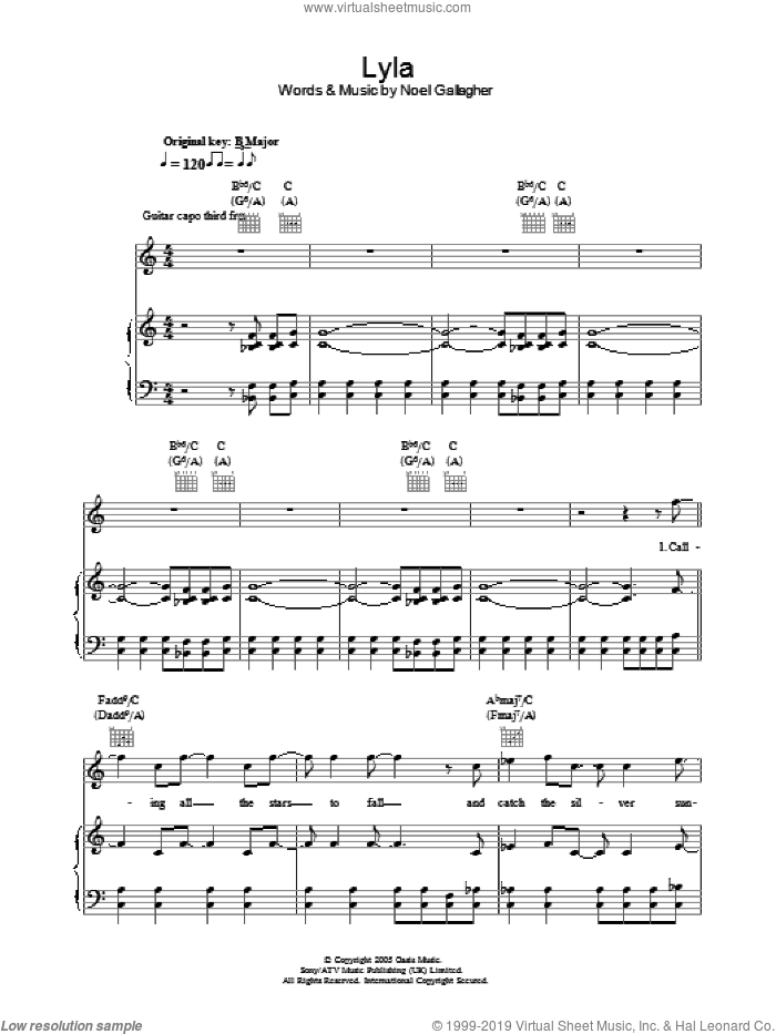 Lyla sheet music for voice, piano or guitar by Oasis and Noel Gallagher, intermediate skill level