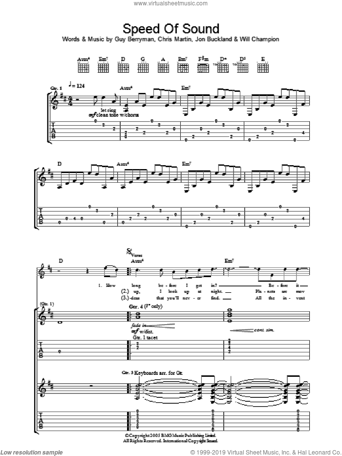 Speed Of Sound sheet music for guitar (tablature) by Coldplay, Chris Martin, Guy Berryman, Jon Buckland and Will Champion, intermediate skill level