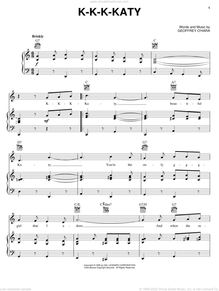 K-K-K-Katy sheet music for voice, piano or guitar by Geoffrey O'Hara, intermediate skill level
