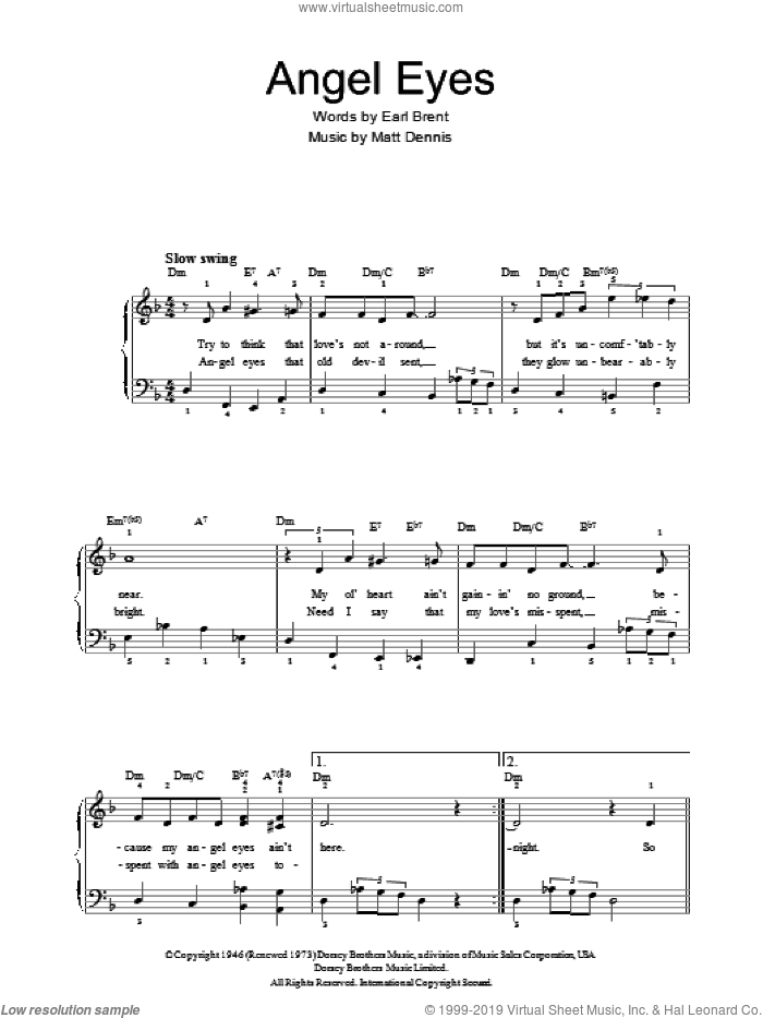 Angel Eyes, (easy) sheet music for piano solo by Matt Dennis and Earl Brent, easy skill level