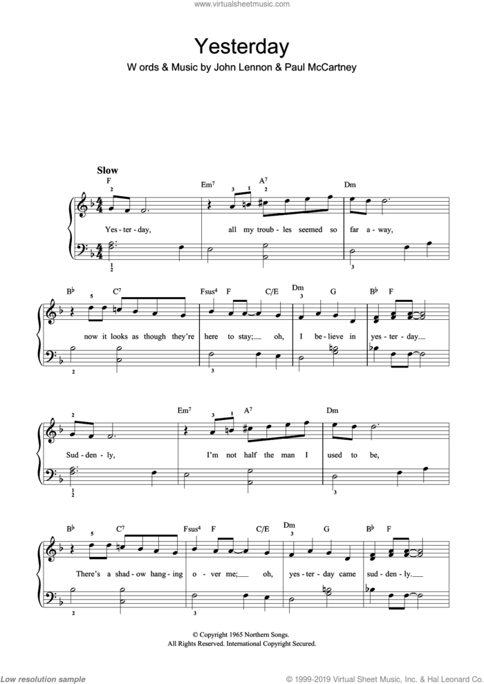 Yesterday sheet music for piano solo (beginners) by The Beatles, John Lennon and Paul McCartney, beginner piano (beginners)