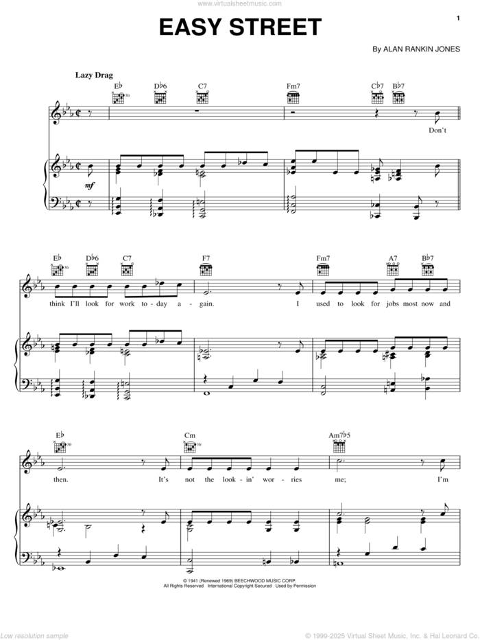 Easy Street sheet music for voice, piano or guitar by June Christy, Julie London and Alan Rankin Jones, intermediate skill level