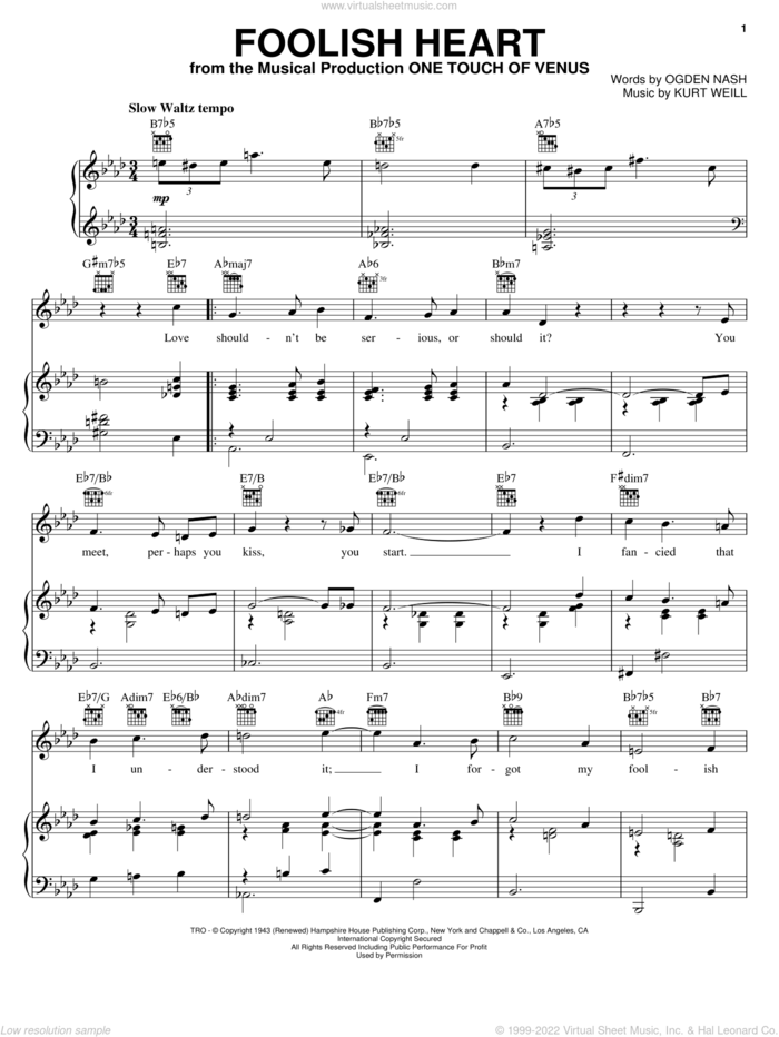 Foolish Heart sheet music for voice, piano or guitar by Kurt Weill and Ogden Nash, intermediate skill level
