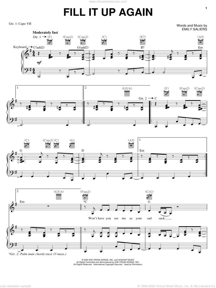 Fill It Up Again sheet music for voice, piano or guitar by Indigo Girls and Emily Saliers, intermediate skill level