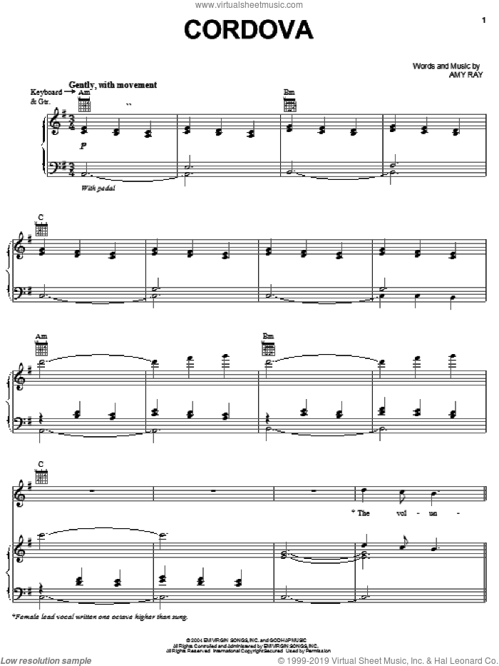 Cordova sheet music for voice, piano or guitar by Indigo Girls and Amy Ray, intermediate skill level