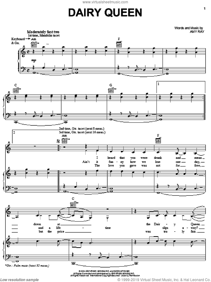 Dairy Queen sheet music for voice, piano or guitar by Indigo Girls and Amy Ray, intermediate skill level