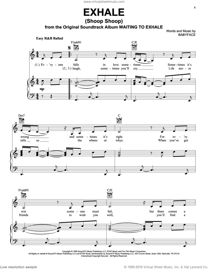 Exhale (Shoop Shoop) sheet music for voice, piano or guitar by Whitney Houston and Babyface, intermediate skill level