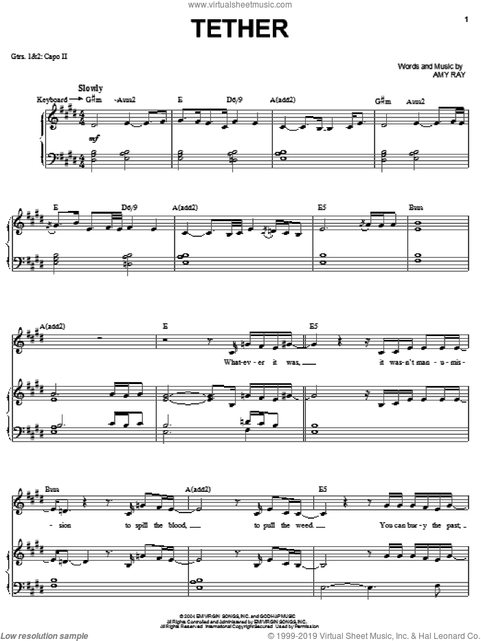 Tether sheet music for voice, piano or guitar by Indigo Girls and Amy Ray, intermediate skill level