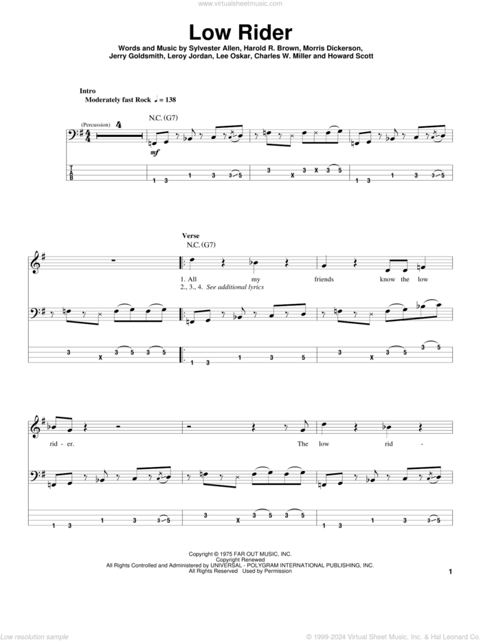 Low Rider sheet music for bass (tablature) (bass guitar) by War, Charles W. Miller, Harold R. Brown, Howard Scott, Jerry Goldstein, Lee Oskar, Leroy Jordan, Morris Dickerson and Sylvester Allen, intermediate skill level