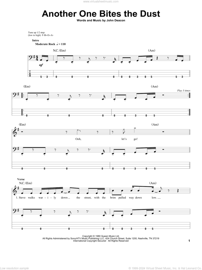 Another One Bites The Dust sheet music for bass (tablature) (bass guitar) by Queen and John Deacon, intermediate skill level