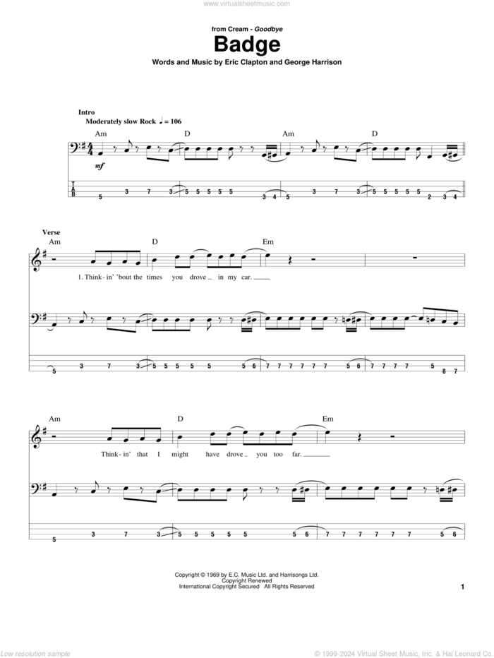 Badge sheet music for bass (tablature) (bass guitar) by Cream, Eric Clapton and George Harrison, intermediate skill level