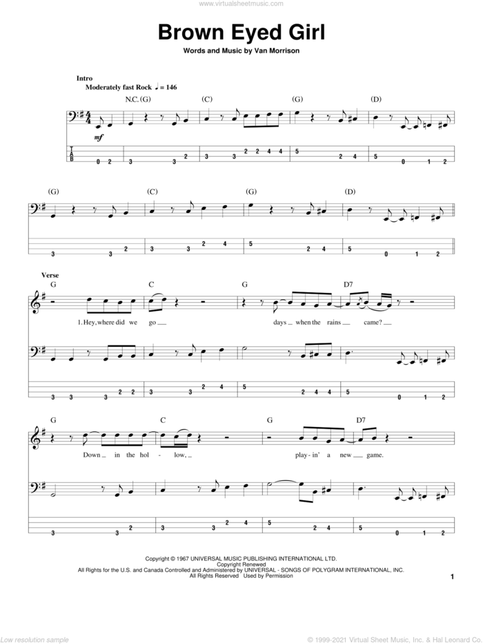 Brown Eyed Girl sheet music for bass (tablature) (bass guitar) by Van Morrison, intermediate skill level