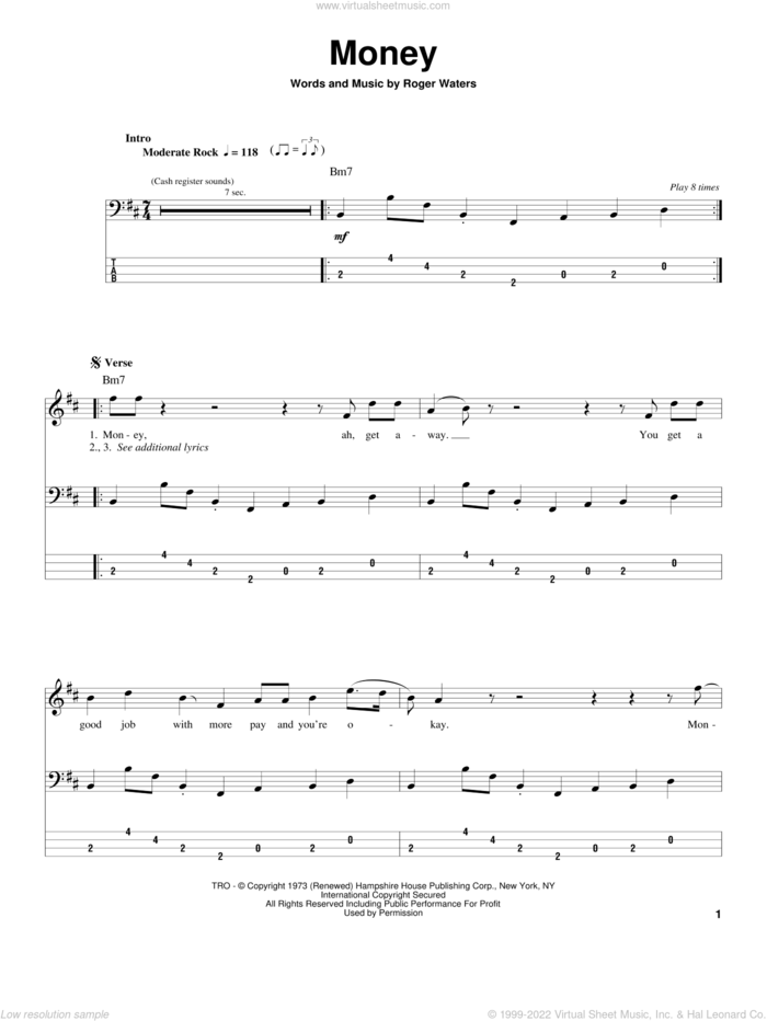 Money sheet music for bass (tablature) (bass guitar) by Pink Floyd and Roger Waters, intermediate skill level