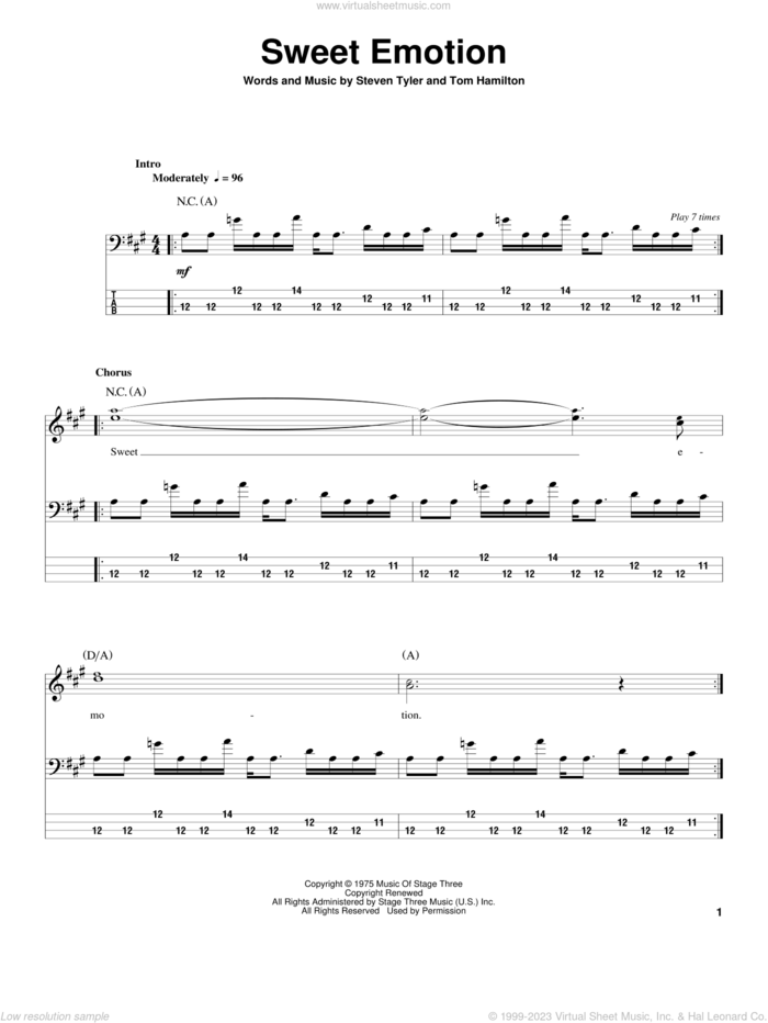Sweet Emotion sheet music for bass (tablature) (bass guitar) by Aerosmith, Steven Tyler and Tom Hamilton, intermediate skill level