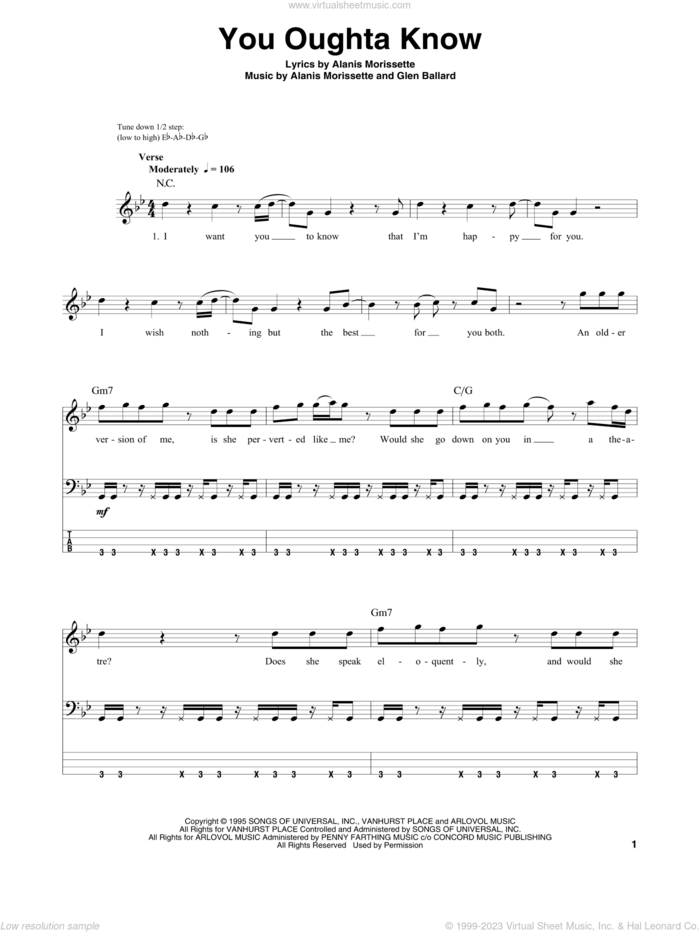 You Oughta Know sheet music for bass (tablature) (bass guitar) by Alanis Morissette and Glen Ballard, intermediate skill level