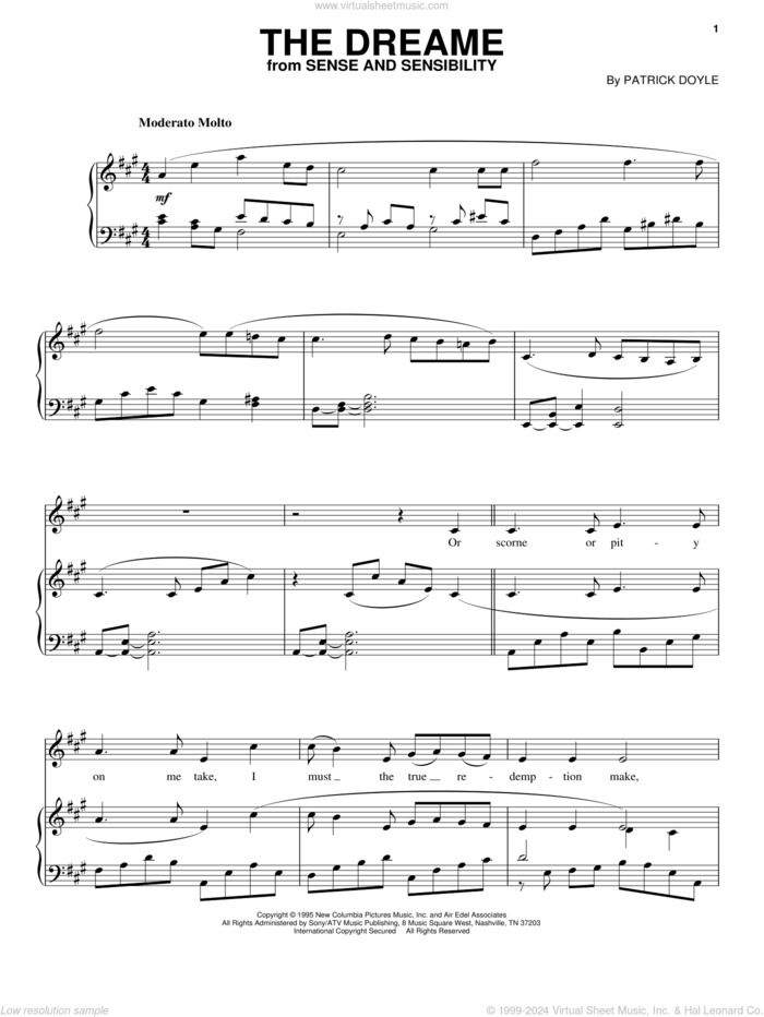 The Dreame sheet music for voice, piano or guitar by Patrick Doyle and Sense And Sensibility (Movie), intermediate skill level