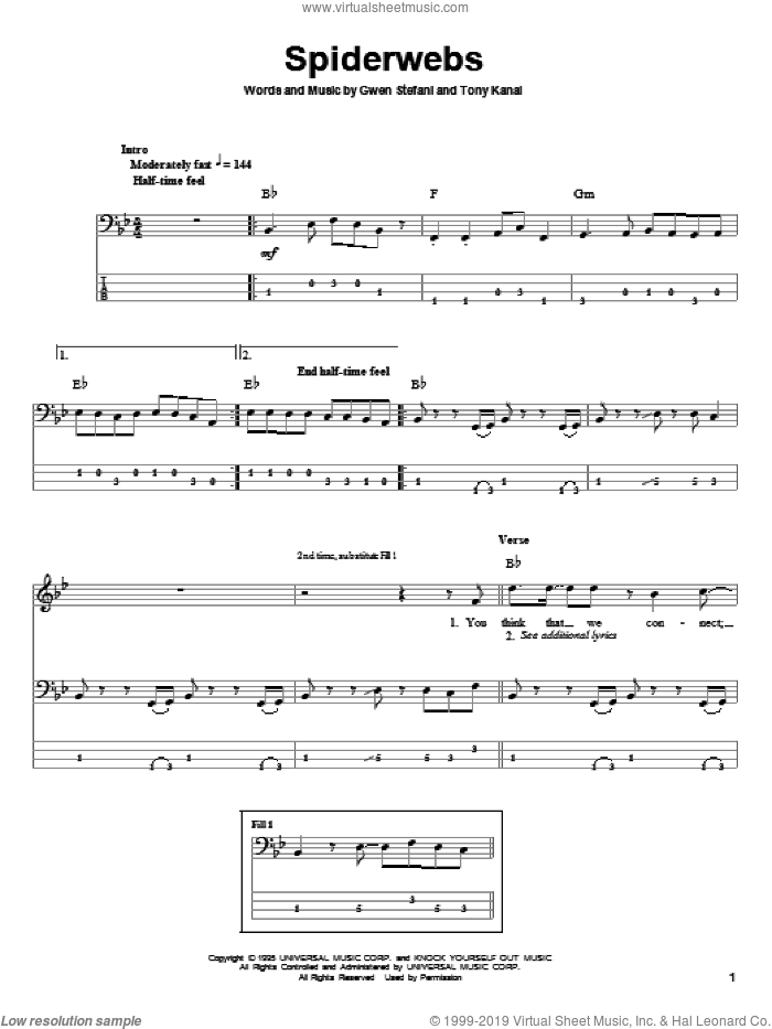 Spiderwebs sheet music for bass (tablature) (bass guitar) by No Doubt, Gwen Stefani and Tony Kanal, intermediate skill level