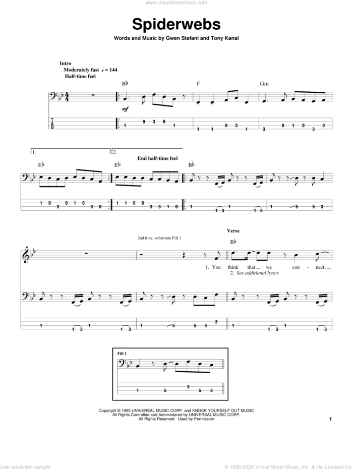 Spiderwebs sheet music for bass (tablature) (bass guitar) by No Doubt, Gwen Stefani and Tony Kanal, intermediate skill level