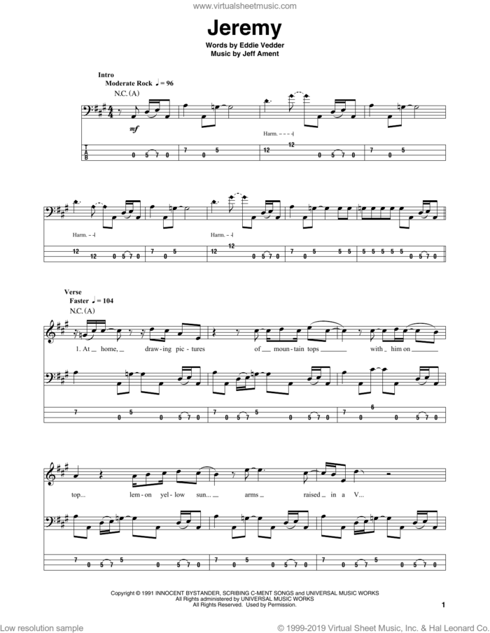 Jeremy sheet music for bass (tablature) (bass guitar) by Pearl Jam, Eddie Vedder and Jeff Ament, intermediate skill level